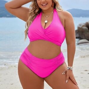 Blooming Jelly High Waisted Bikini Halter Criss
Cross Wrap Swim Suit Hot Pink